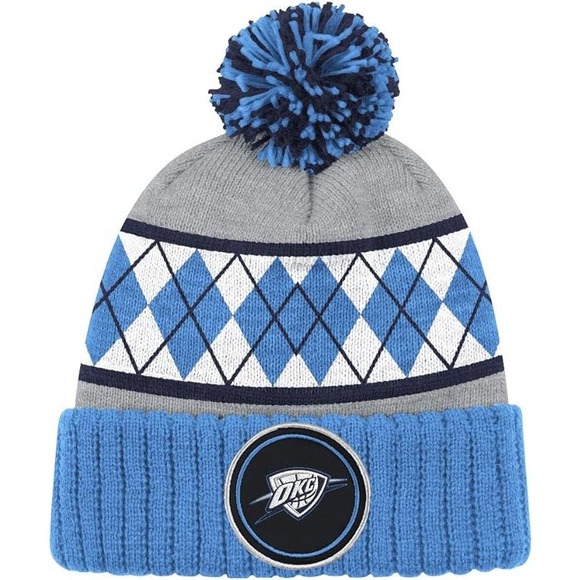 Mitchell & Ness Oklahoma City Thunder NBA High 5 Pom Knit Hat - Blue Argyle ME2 - Picture 1 of 4